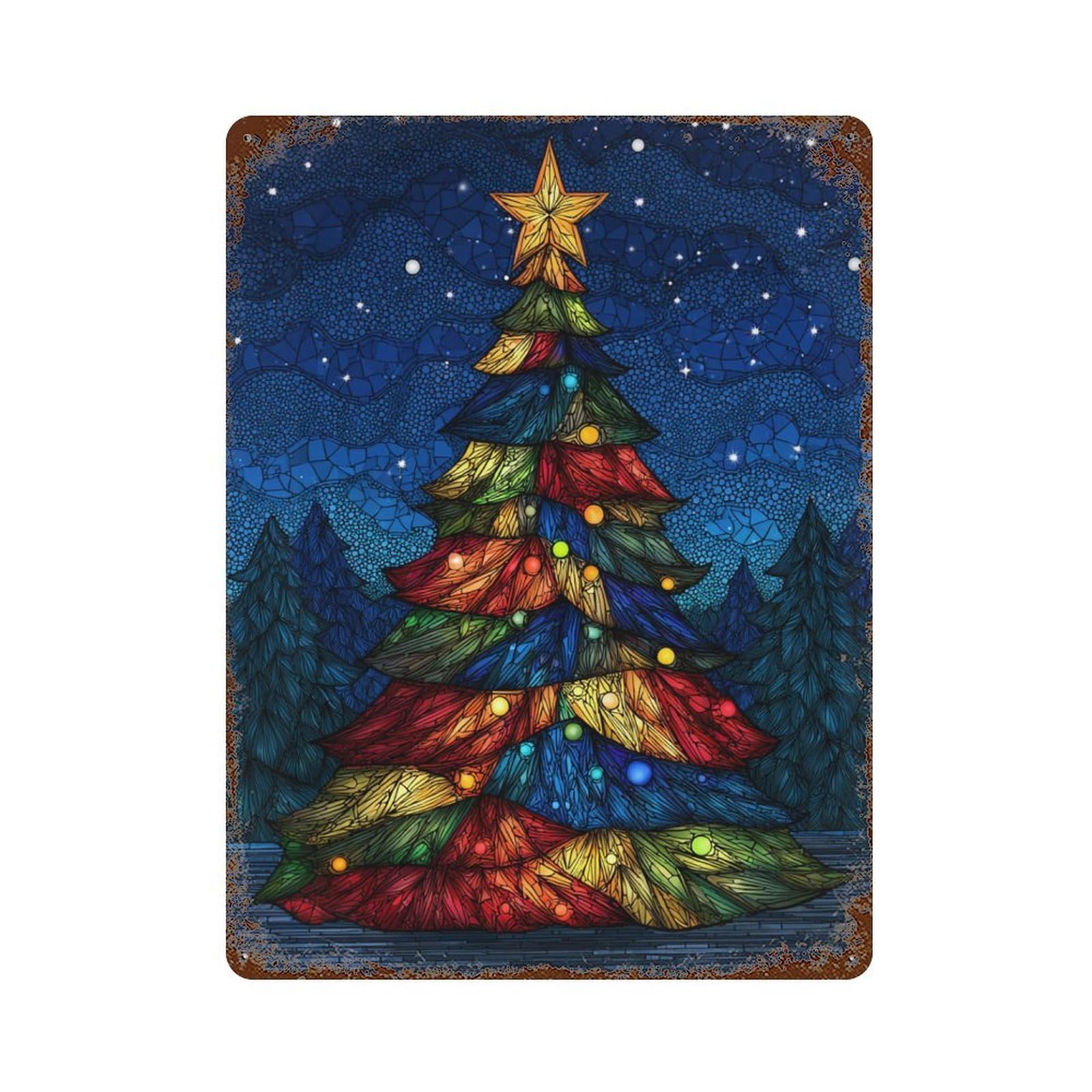 Distressed Metal Wall Sign with Colorful Stained Glass Christmas Tree Design 15.7"x11.8", for Cafe, Home Bar And Lounge Decor, Retro Wall Decor