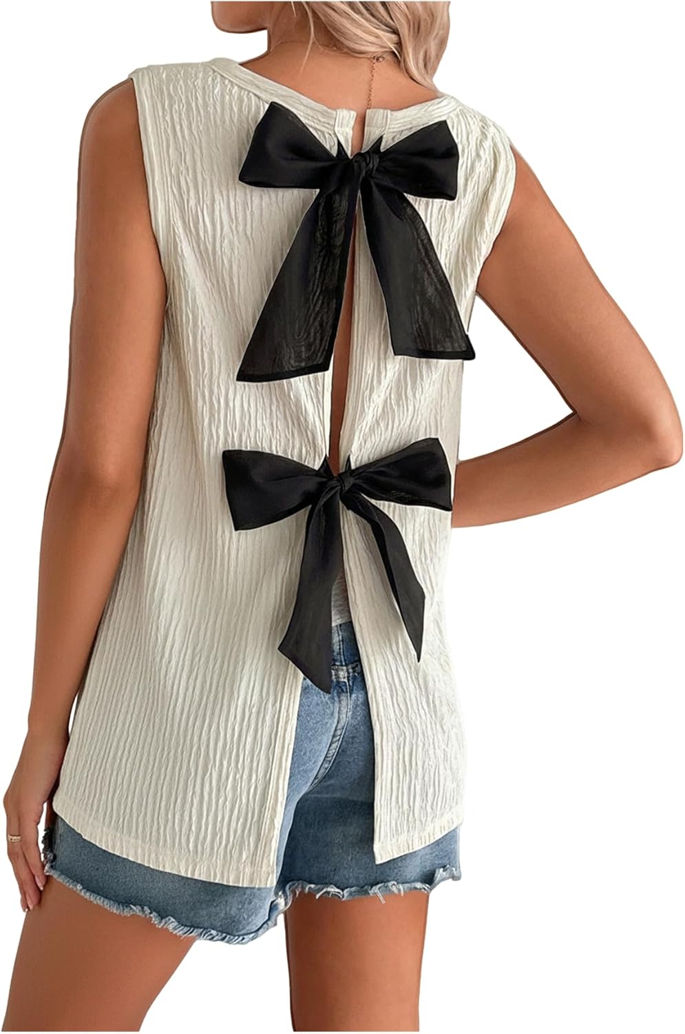 OYOANGLE Women's Maternity Bow Back Tank Top Textured Backless Crew Neck Y2K Pregnancy Summer Clothes