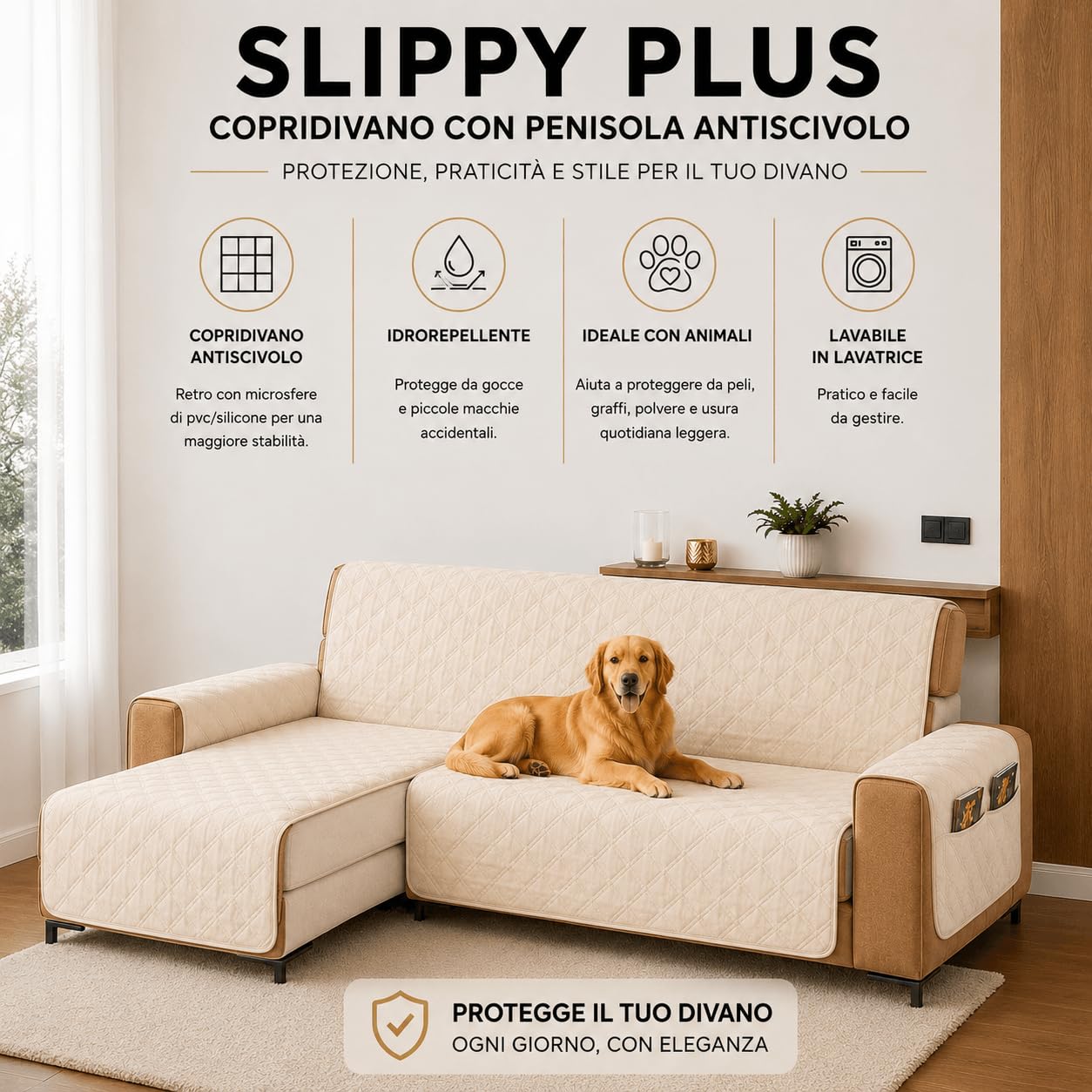 la biancheria di casa - Slippy Plus - Copridivano con penisola antiscivolo destra o sinistra, salvadivano trapuntato in microfibra con tasche, per divano 2, 3 e 4 posti lavabile Beige, 245 cm sinistra