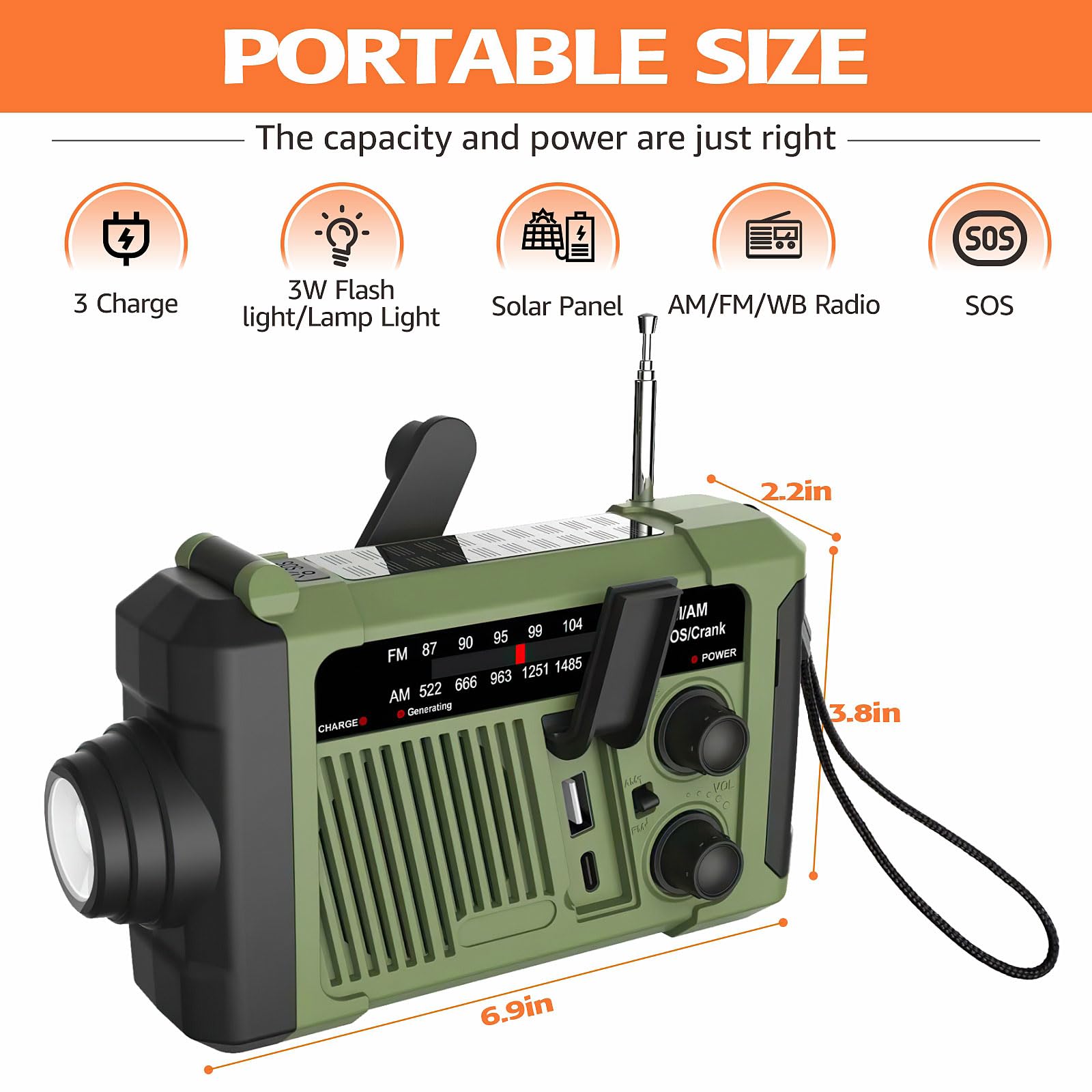 Radio de Emergencia Am/FM Radio Solar de grieta de Mano Alarma SOS operada por batería y Linterna de Emergencia (Verde)