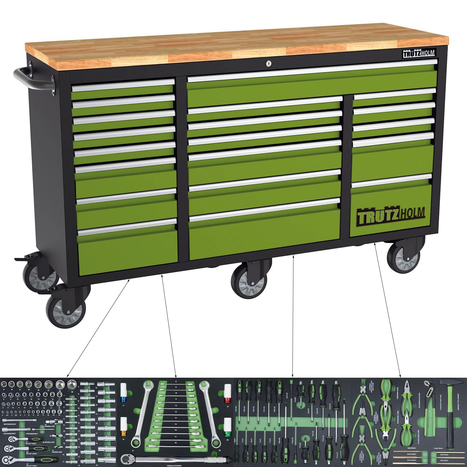 TRUTZHOLM Werkstattwagen Mobile Werkbank Deluxe XXL 20 Schubladen Werkzeugwagen Rollwagen 4 Schubladen 135 TLG. bestückt