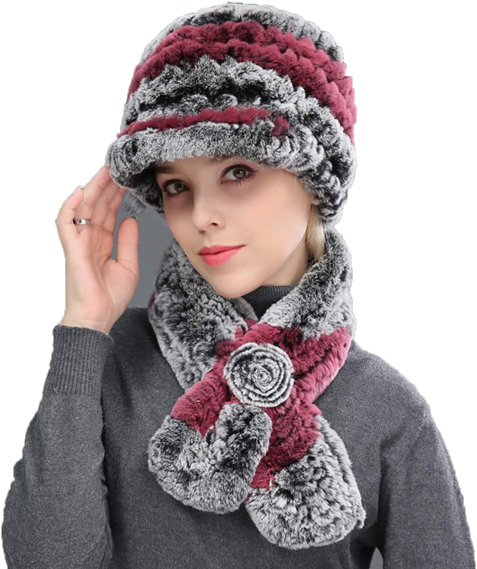 Women's Real Rex Rabbit Hair Knit Hat Visor Cap and Scarf 1 Set