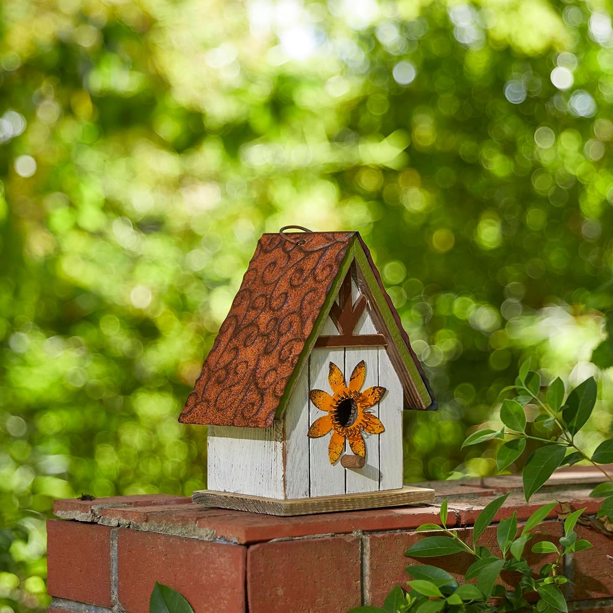 Glitzhome Bird Houses for Outside, Blue Bird Houses for Outdoors, 8.25" H Solid Wood Decorative Hanging Bird House Distressed Cottage Outdoor Garden Birdhouse with 3D Metal Roof and Flower