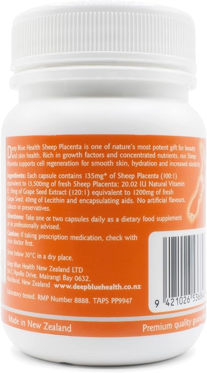 نيوزيلندا خروف المشيمة مع استخراج بذور العنب وفيتامين E - 13500mg x 60 كبسولات هلامية ناعمة - يدعم صحة البشرة وحيوية