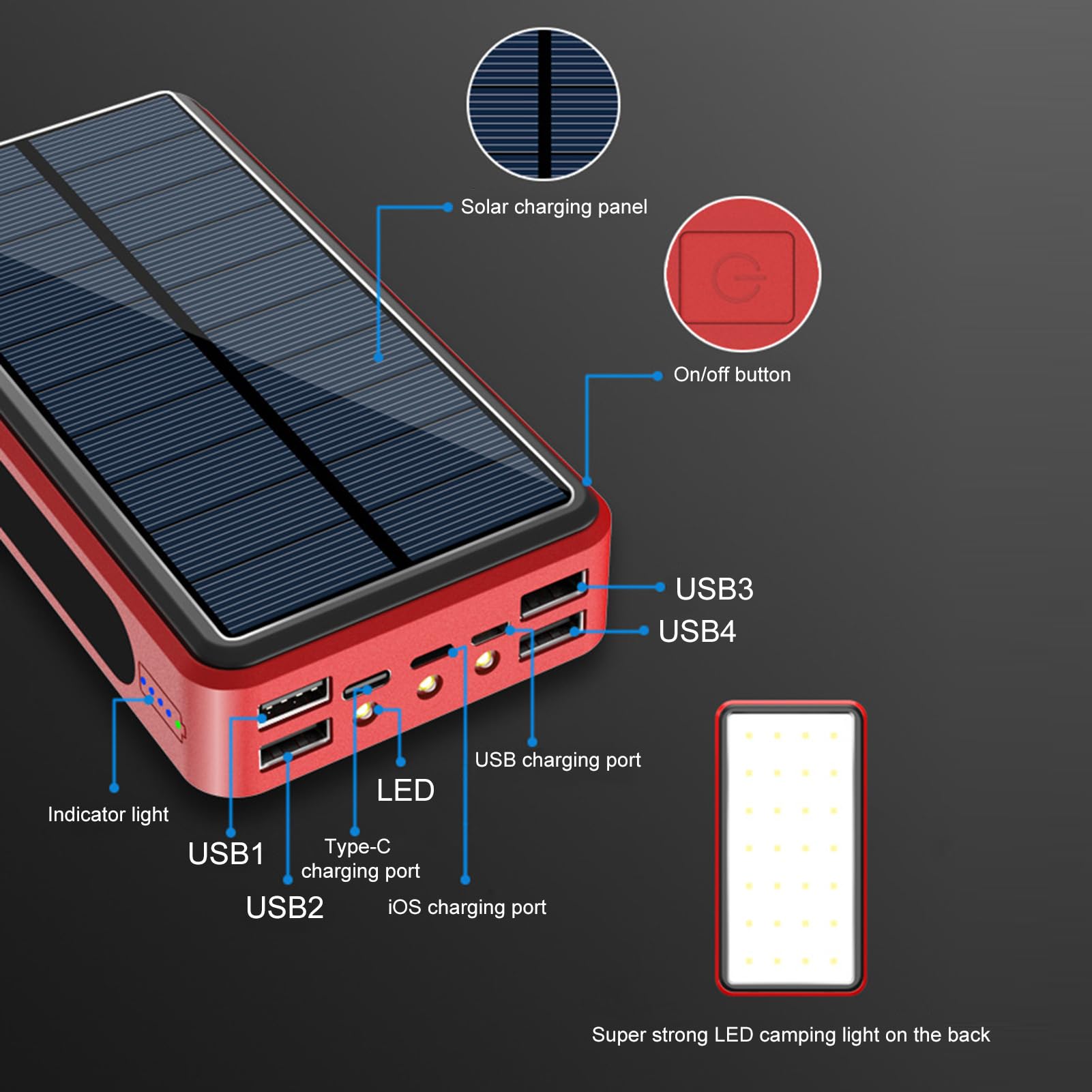 Power bank a energia solare, caricatore portatile a energia solare, capacità 20000 mAh, supporta la ricarica per 4 dispositivi, ideale per adulti, adolescenti, studenti, viaggi e pendolarismo 16,5 x