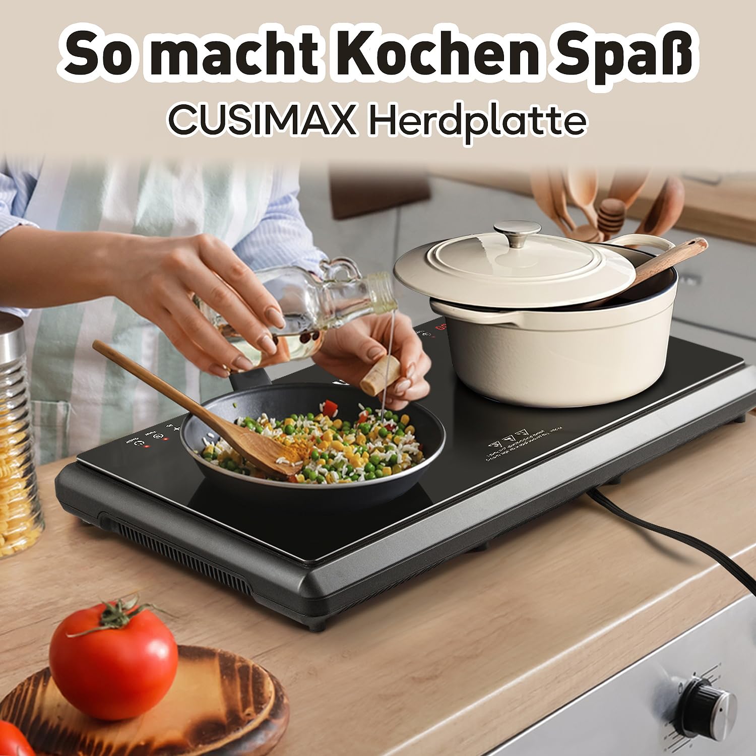 CUSIMAX 3500 W piastra da cucina a infrarossi in acciaio inox 2 piastre elettriche con display a LED, timer, controllo touch, protezione per bambini, colore nero