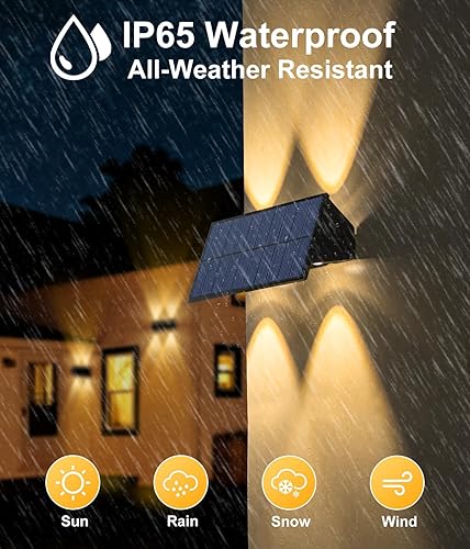 Miniatura 6 de Luces solares impermeables para exteriores, 4 luces LED solares para valla, color blanco cálido, luces solares de pared de atardecer a amanecer,