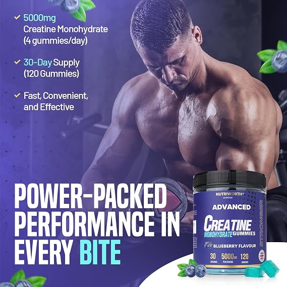 Creatine Gummies 5000mg | Lab Tested | Creatine Monohydrate | Full Month Supply | UK Formulated Vegan & Sugar Free | Pre/Post Workout Gym Supplement for Men & Women | 120 Counts - Blueberry