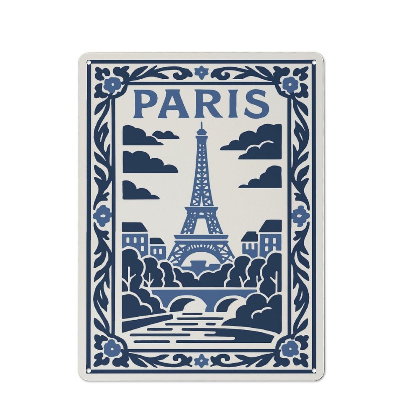 Junmoney Style-20 Paris Eiffel Tower Blue Illustration Vintage Metal Sign 40X30cm, Rustic Classic Pub Decor For Bar, Kitchen, Garage Or Games Room