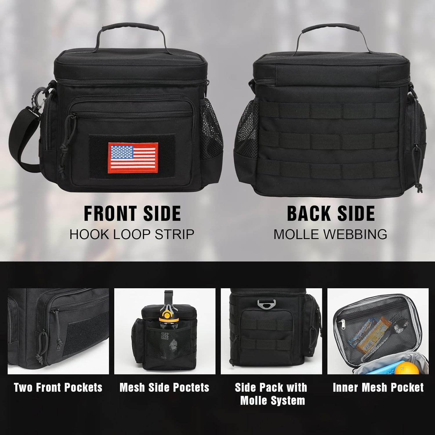 ATRIPACK Borsa portapranzo da uomo, tattica, con cinghia MOLLE, a prova di perdite, isolata, grande, per donne e adulti, con tracolla regolabile, durevole secchio per il pranzo (nero)