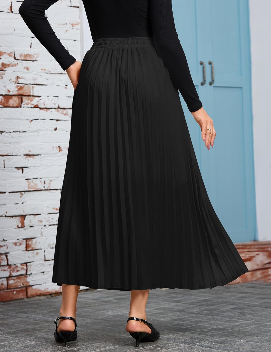 MAKABO Women's Maxi A Line Skirt with Slit Summer, Pleated Long Skirt Prussian Blue Outfits for Date Night - Image 6