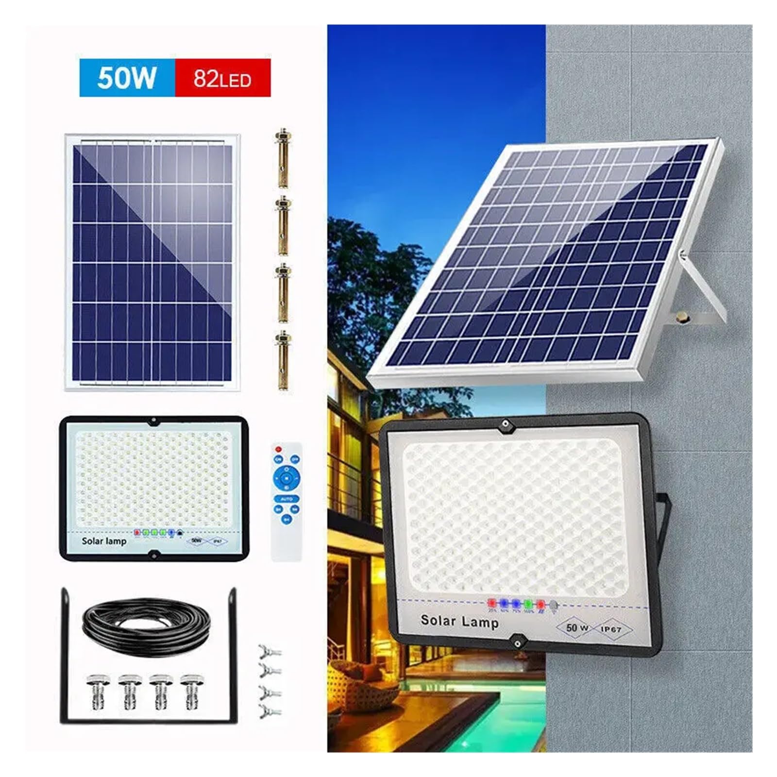 Lampa solarna zewnętrzna, Zewnętrzny reflektor solarny IP67 Wodoodporny Solar Light LED Energooszczędny Zdalnego Sterowania Wysoka Jasność Oświetlenie Ogrodowe Dziedziniec(100W)