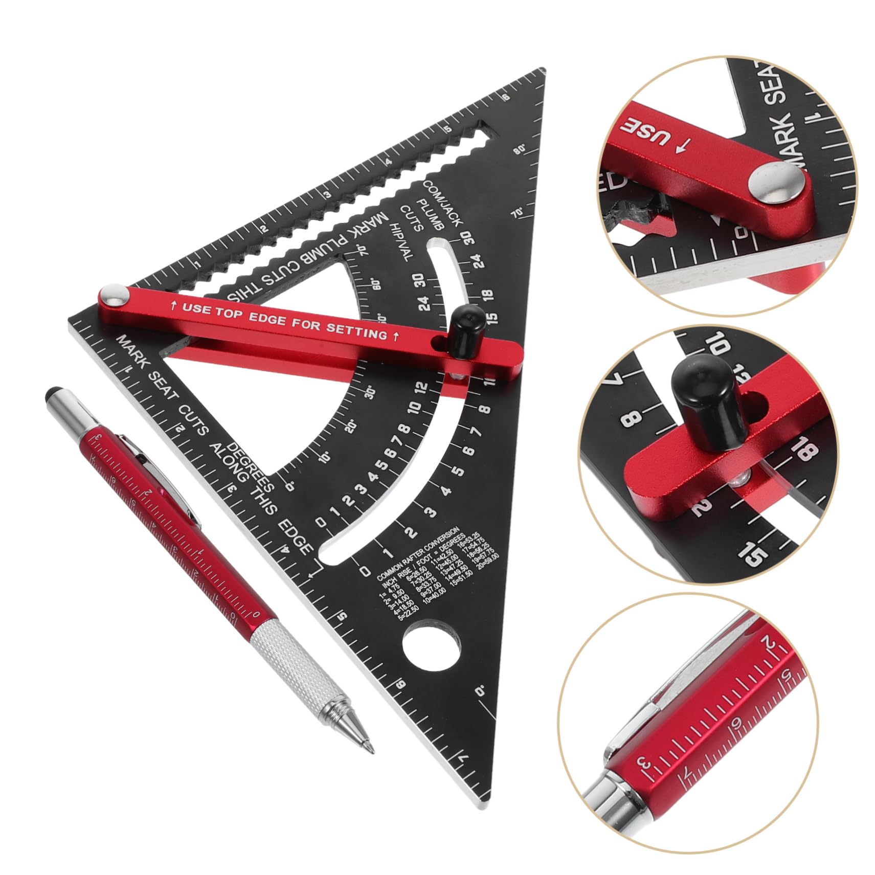 Artibetter 2pièces Équerre de Menuisier Réglable Triangle Aluminium Stylo à Bille Rouge Échelle Métrique Outils Multifonctions