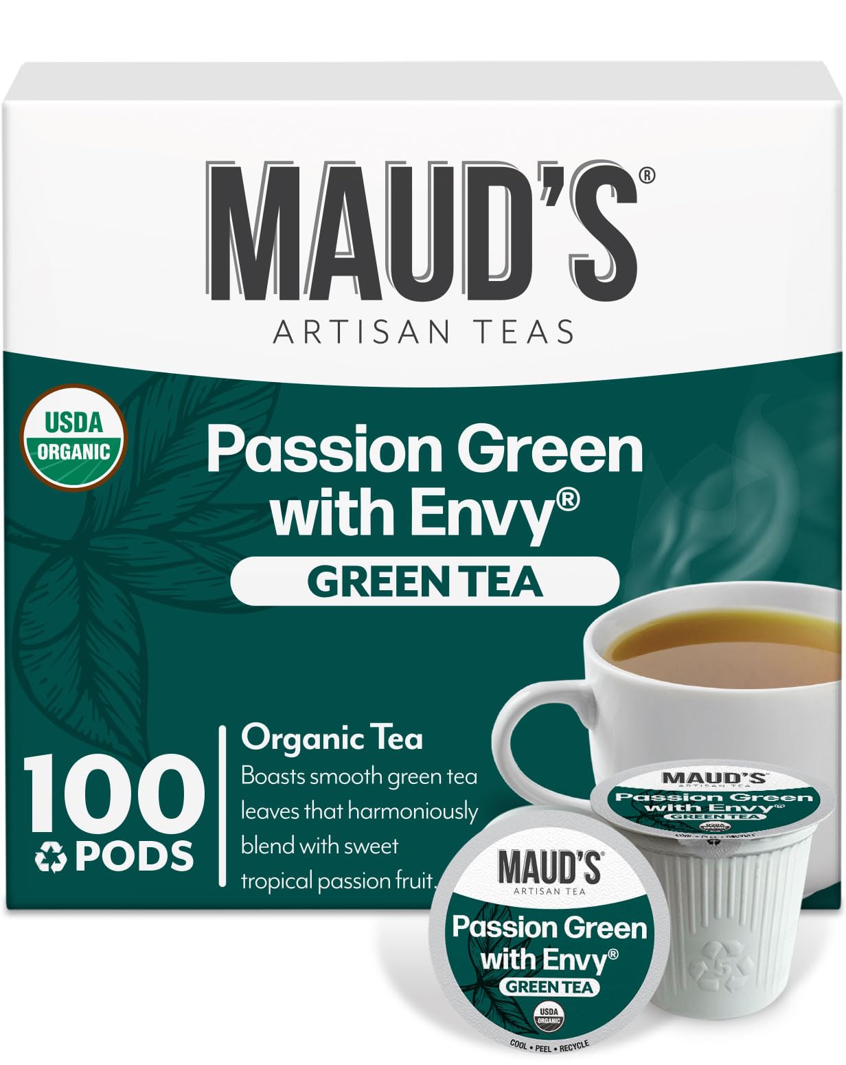 Maud's Organic Passion Green Tea Pods, 100 ct, Recyclable Single Serve Tea Pods – 100% Gourmet Blended Tea Leaves, Compatible with Keurig K Cups Maker