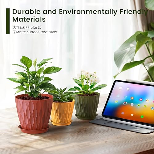 Miniatura 5 de Macetas de 76.565.554.54 pulgadas para plantas de interior y exterior, paquete de 7 macetas gruesas con agujeros de drenaje y platillos, macetas
