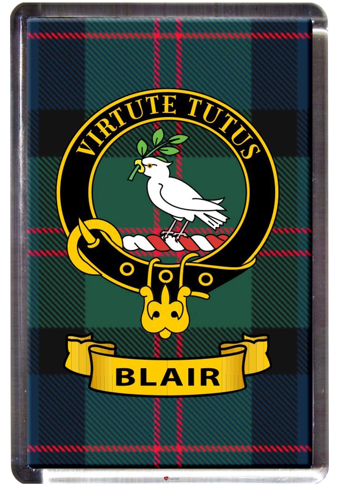 Blair Clan Tartan Fridge Magnet with Scottish Clan Crest on Clear Acrylic Base
