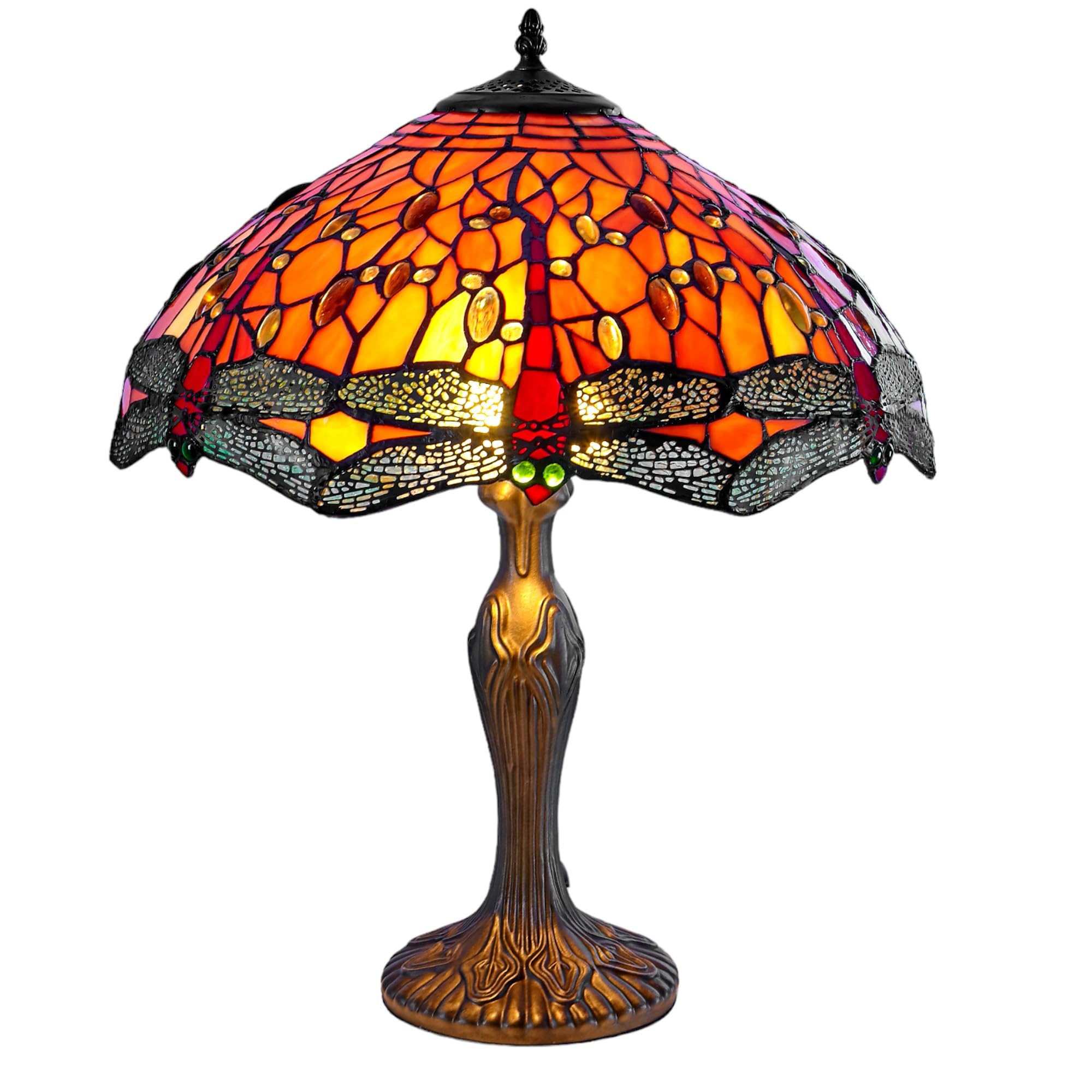 Large Classic Orange Dragonfly Tiffany Stained Glass Table Lamp - 16 inch Diameter - Great for Living Rooms, Hallways, and Bedrooms
