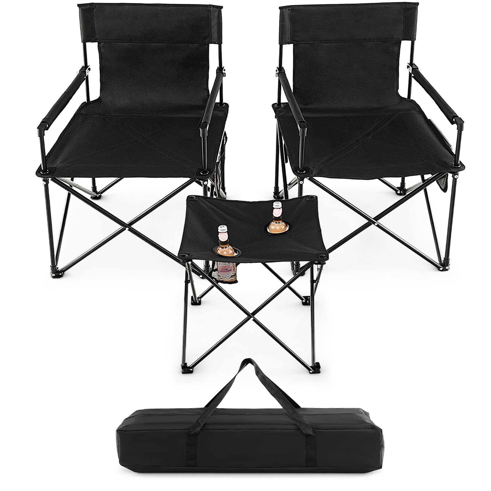 COSTWAY Juego de Sillas Camping Plegable y Mesa, 2 Sillas Camping Portátil y Mesa Auxiliar con 2 Portavasos, Bolsa de Transporte, Pesca, Picnic, Barbacoa, Negro