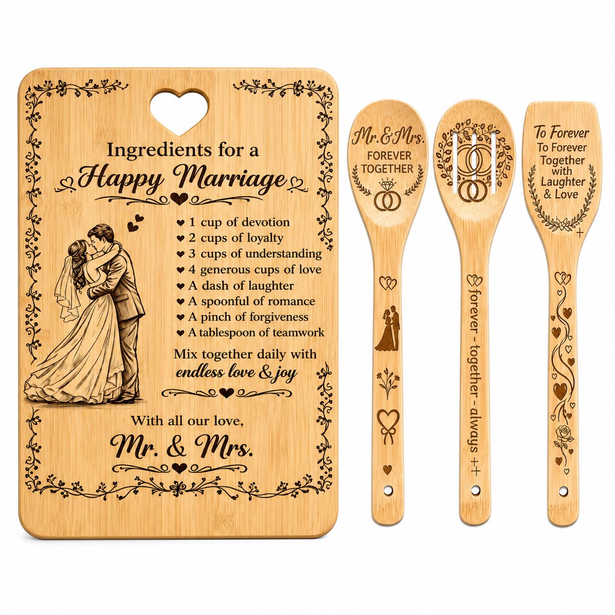 Beautiful 4 Pcs Bamboo Cutting Board Recipe Wooden Spoons Set Just Married Bride Gifts Engraved Kitchen Cooking Essential Accessory Wedding Gifts for Bride and Groom