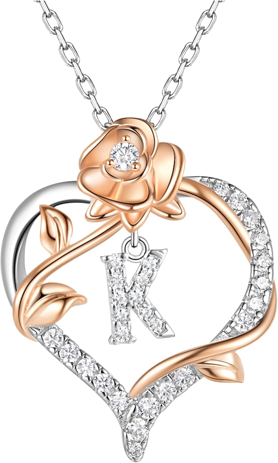 Rose Heart Letter Initial Necklace for Women, S925 Sterling Silver Pendant Necklace Adjustable Dainty Rose Flower Jewelry Gift for Her