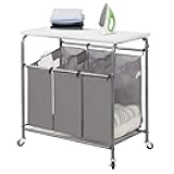 STORAGE MANIAC 3-Section Laundry Sorter with Foldable Ironing Board, Heavy-Duty Rolling Laundry Cart with and Removable Bags, Triple Laundry Hamper with Wheels, Dark Grey