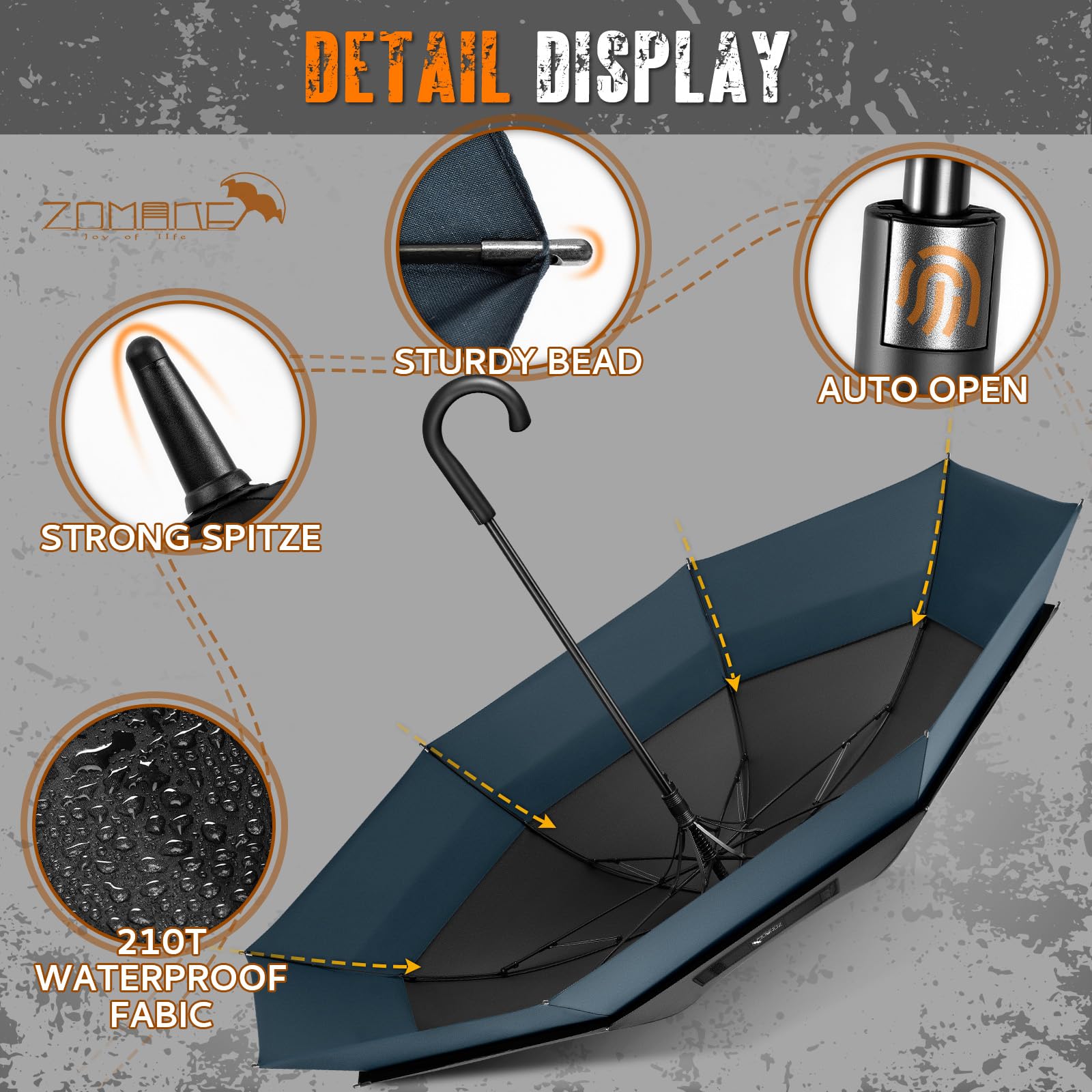 ZOMAKE Paraguas Grande 58 Pulgadas Para Hombre Mujer,8 Varillas Paraguas De Golf Antiviento,Umbrella Trekking Con Dosel RetráCtil De Apertura AutomáTica(Negro Azul Marino)
