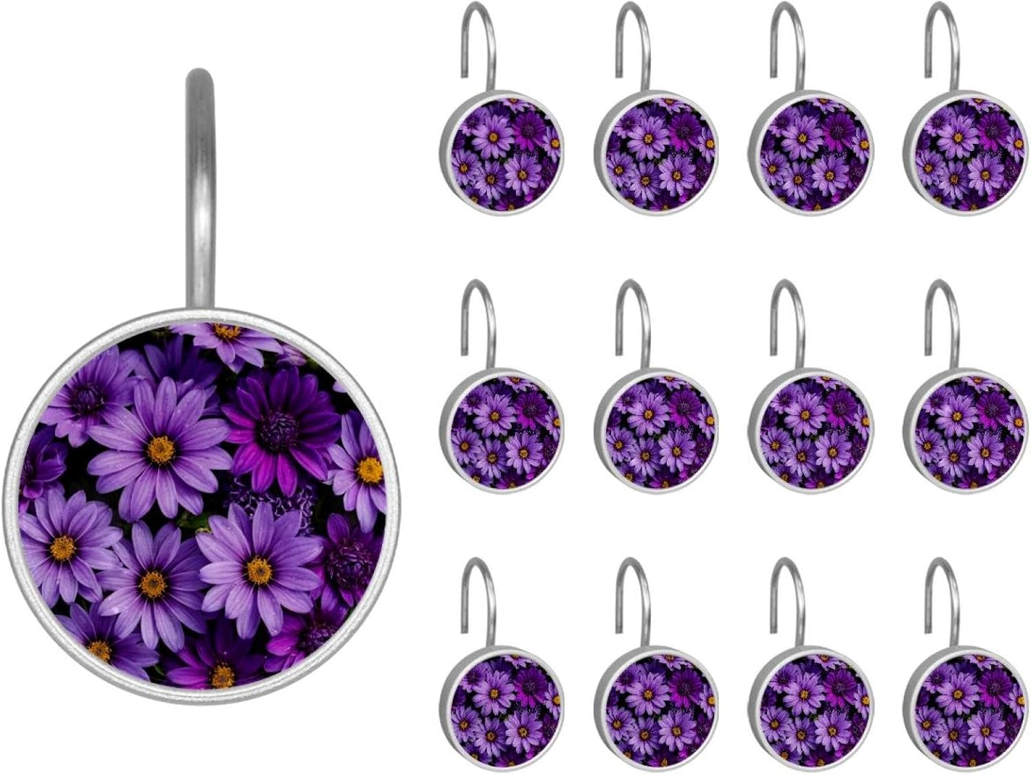 12PCS Purple Flowers (2) Shower Curtain Hooks Rings for Bathroom, Decorative Shower Curtain Hooks Rods Curtains and Liner