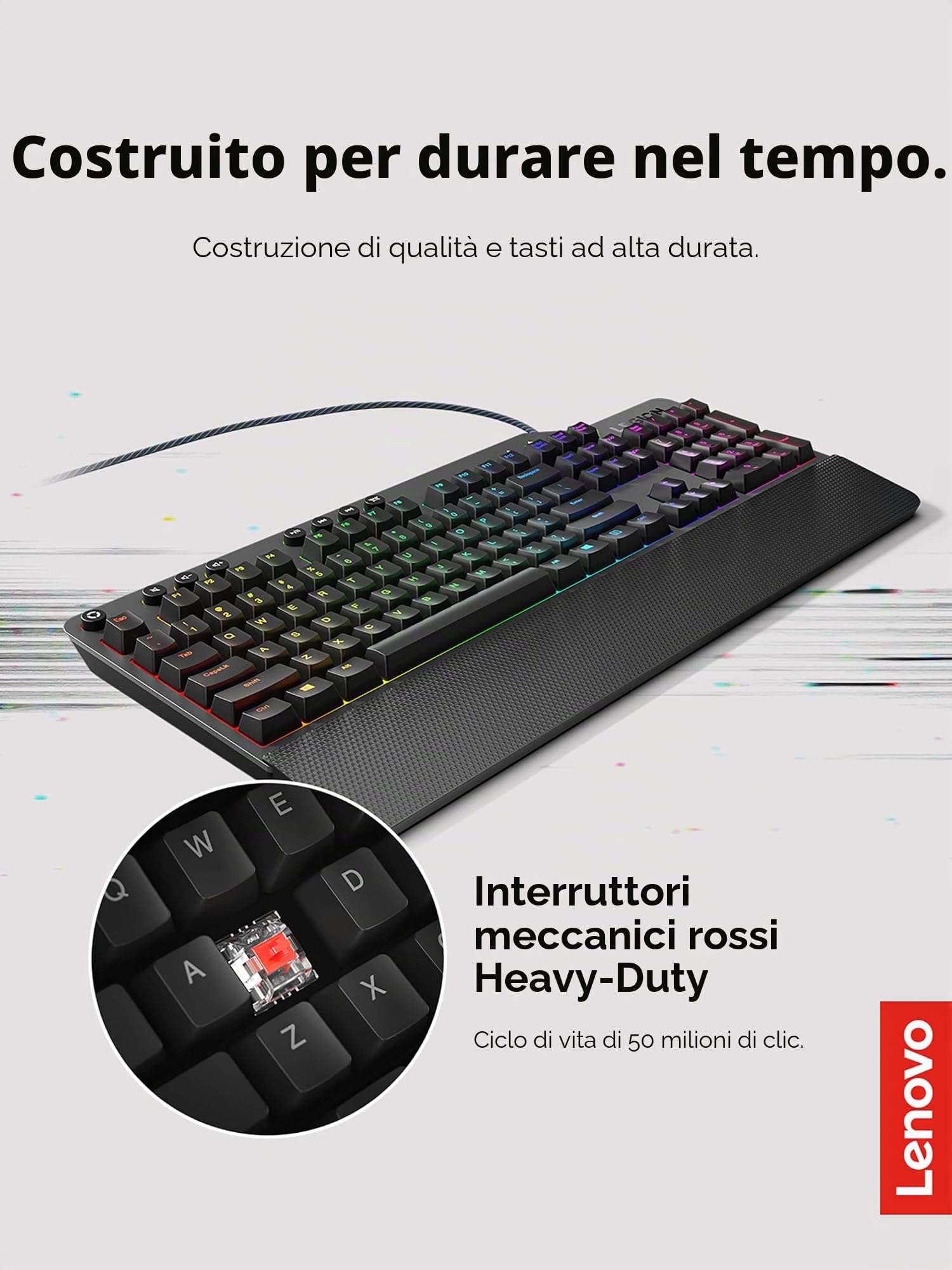 Lenovo GY40T26478 Legion K500 RGB Mechanical Gaming Keyboard, 3 Zone Full-Size Keyboard, 7 User Programmable Hot Keys; 16.8 Million Colors, 50 Million-Click Red Mechanical Keys, Detachable Palm Rest