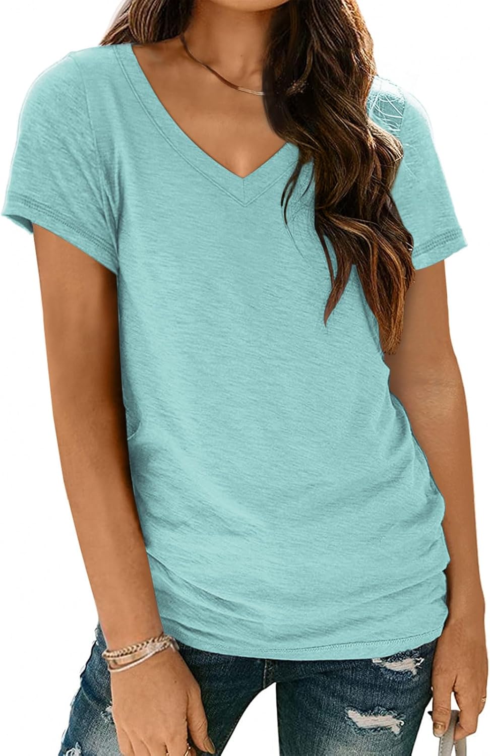 AUTOMET T Shirts Short Sleeve V Neck Tees Tops for Women Fashion Trendy Lightweight Soft Casual Summer Outfits Clothes 2025 (Small Aqua) Thumbnail