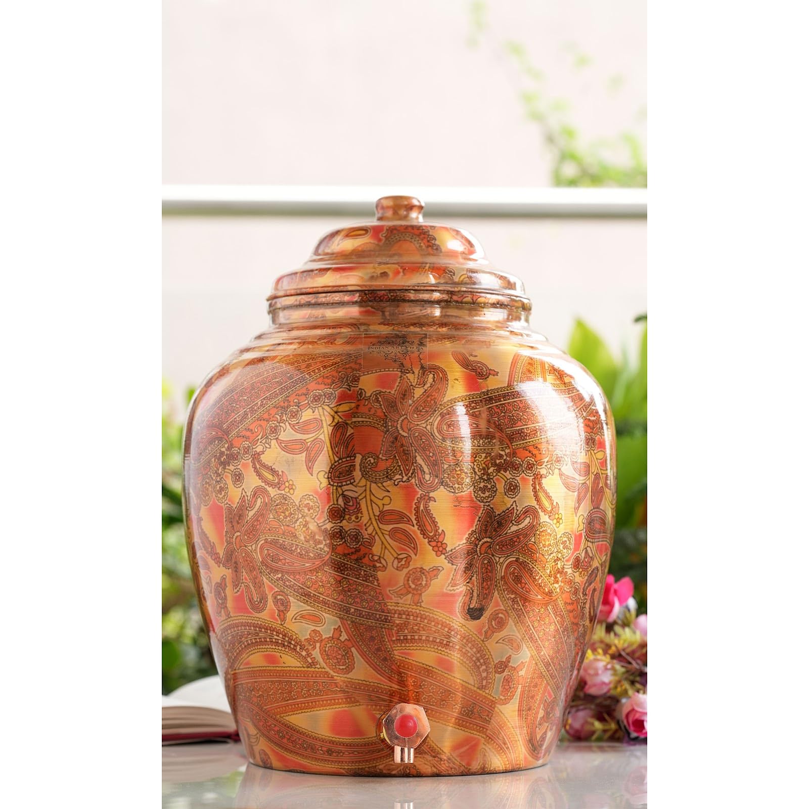 Indian Art Villa Printed Big Paisley Design Pure Copper Water Dispenser/Pot With Tap And Leak Proof Lid, Drinkware And Water Storage, Volume- 440 Oz