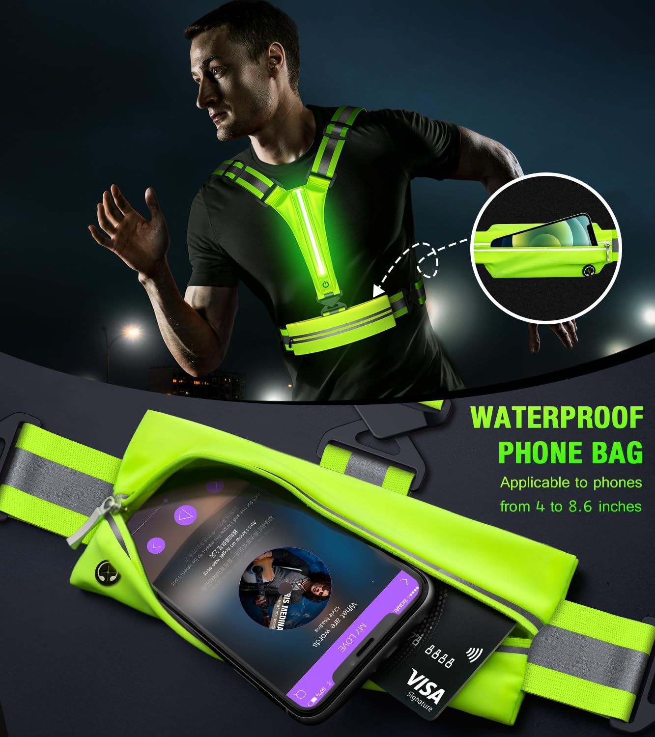 LED Reflective Vest Running Gear Set,USB Rechargeable Light Up Running Vest for Runners Night Walking with Waterproof Phone Bag,High Visibility Armband,Adjustable Waist&Shoulder for Men Women (Green) - Image 3