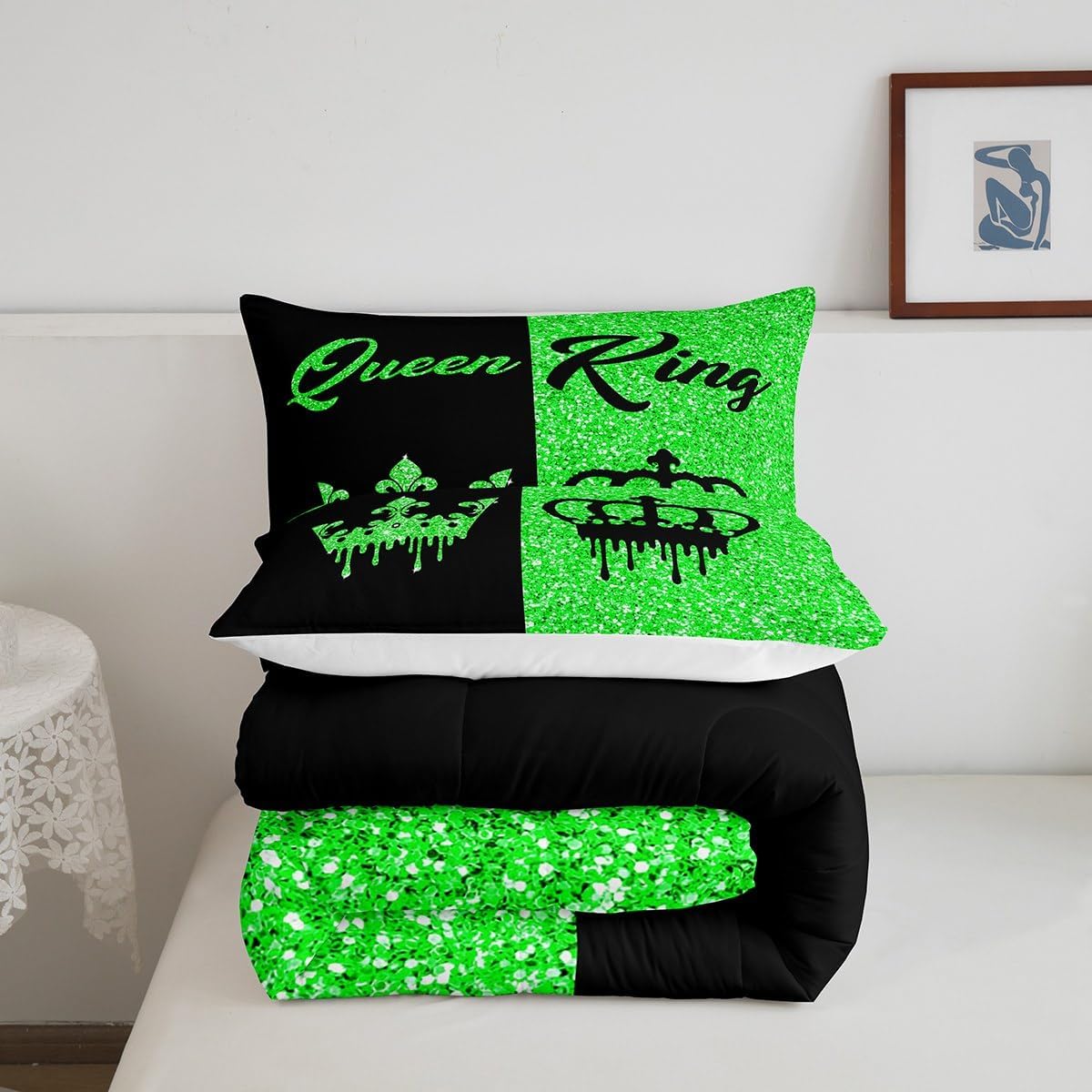 Feelyou Black and Green Crown Queen and King Comforter Set Queen Size for Adults Couple Men Women,Valentine's Day Wedding Gifts,His and Hers Quilt Set 2 Pillowcases Bedroom Decor(No Glitter)