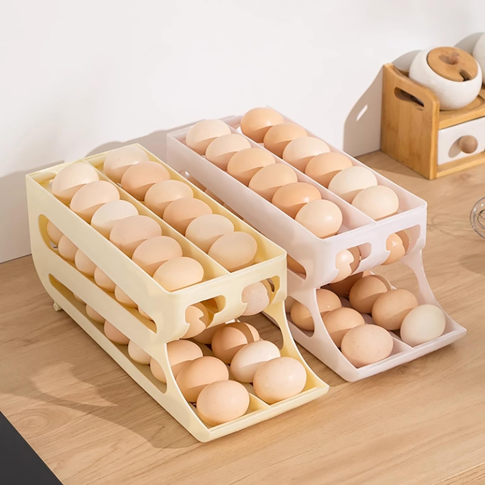 Organizador de huevos for refrigerador, dispensador automático de huevos, capacidad for 43 huevos simultáneamente, estante for huevos de gran capacidad for gabinetes de cocina(Beige)