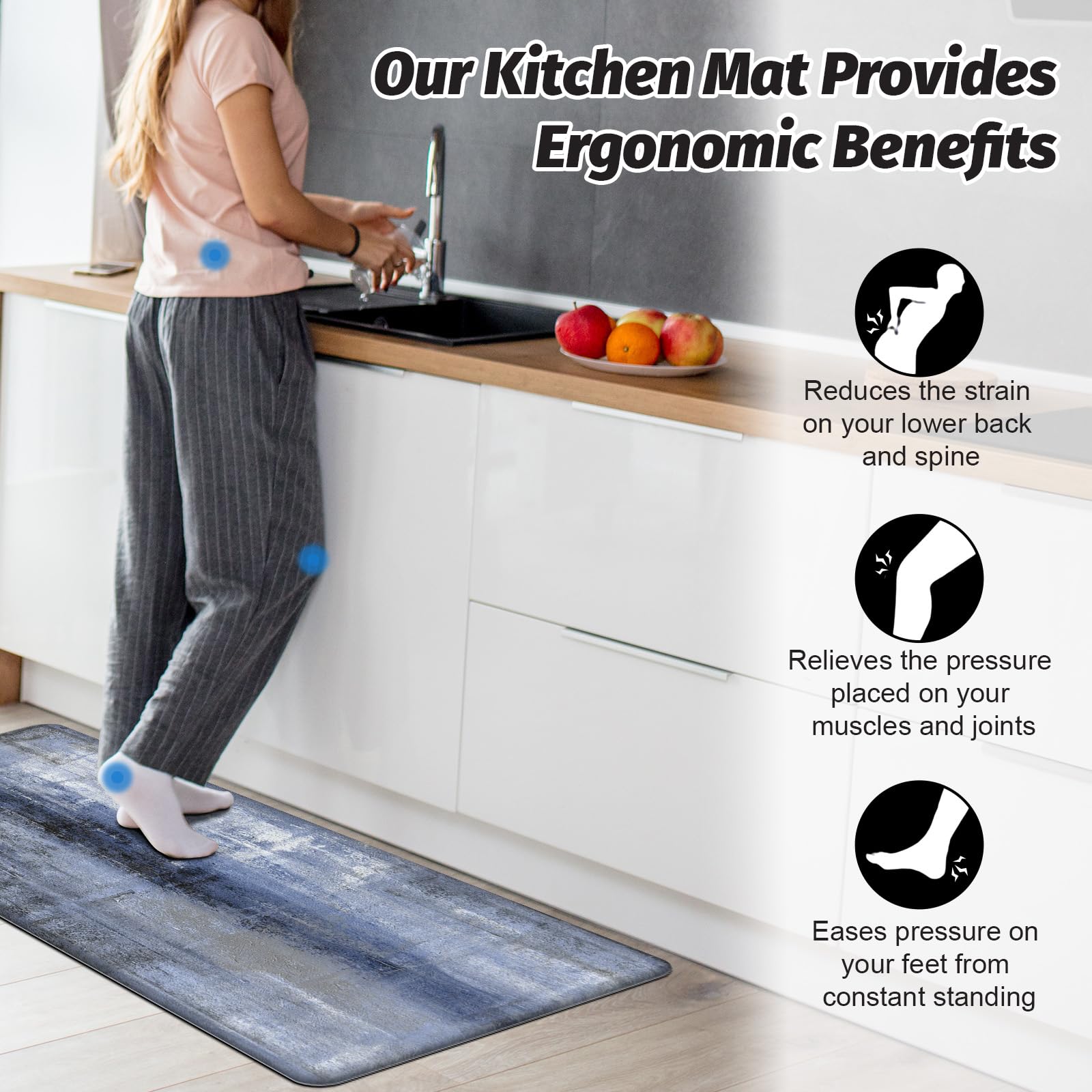MAYHMYO Set di 2 tappeti da cucina antifatica con design blu effetto marmo, imbottiti per il massimo comfort e dotati di fondo antiscivolo