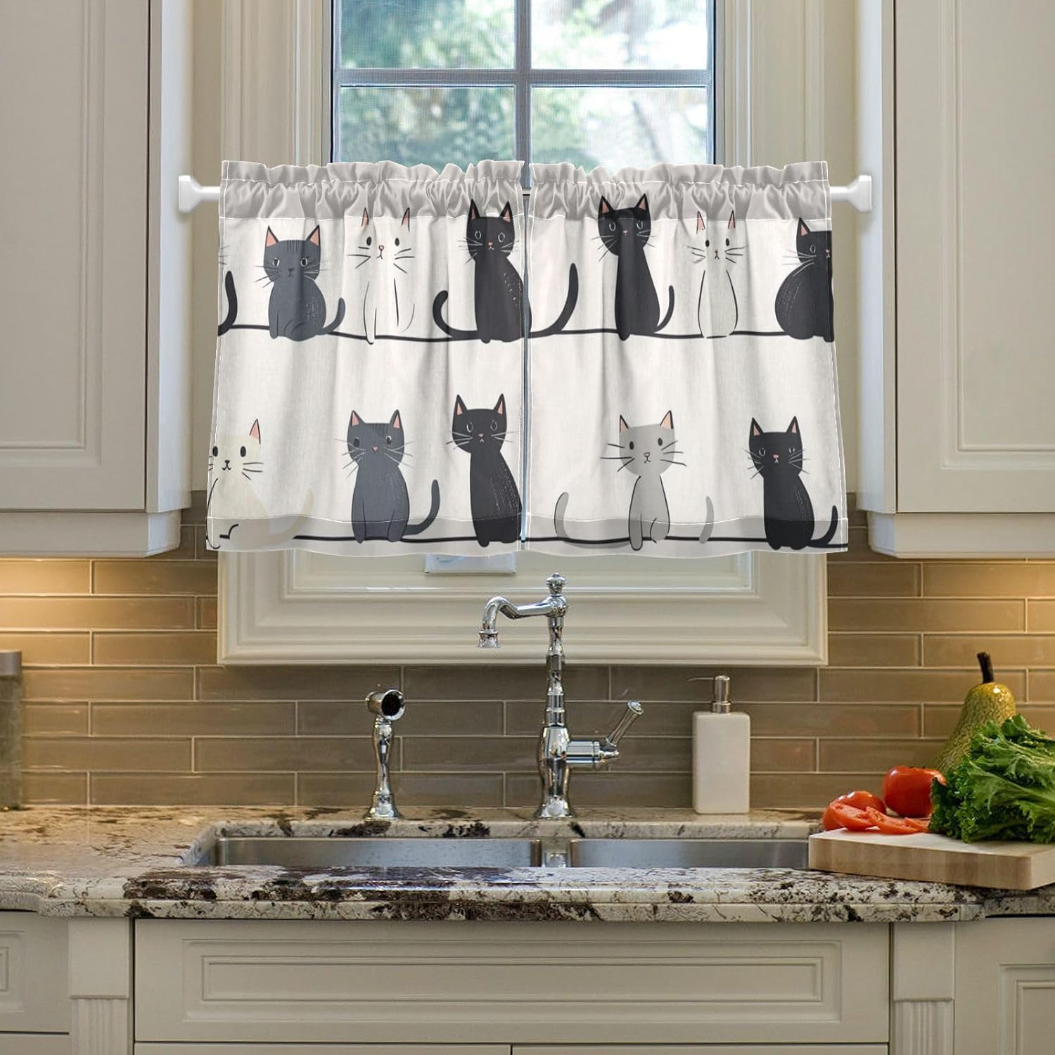 Cafe Curtain Half Window Curtain Tier Curtains for Bathroom Kitchen Bedroom Living Room Set of 2 Panels 27x24in Cute Cats on Line