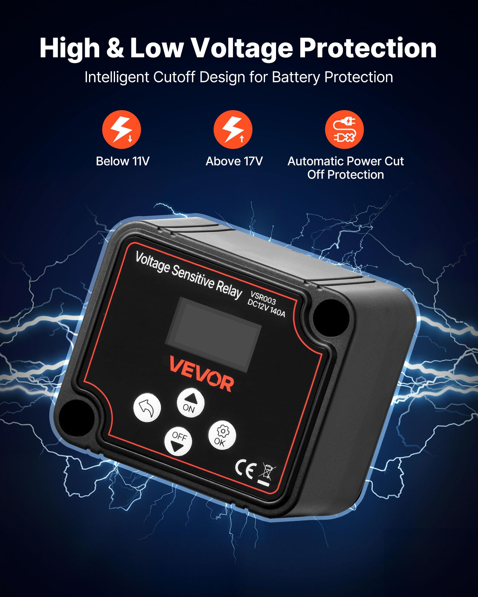 VEVOR Isolatore di Batteria Doppia Relè Sensibile alla Tensione VSR Manuale e Automatico con Schermo LCD 12 V 140 Amp, Isolatore di Batteria per Auto, Camion, Camper, UTV, ATV, Barca