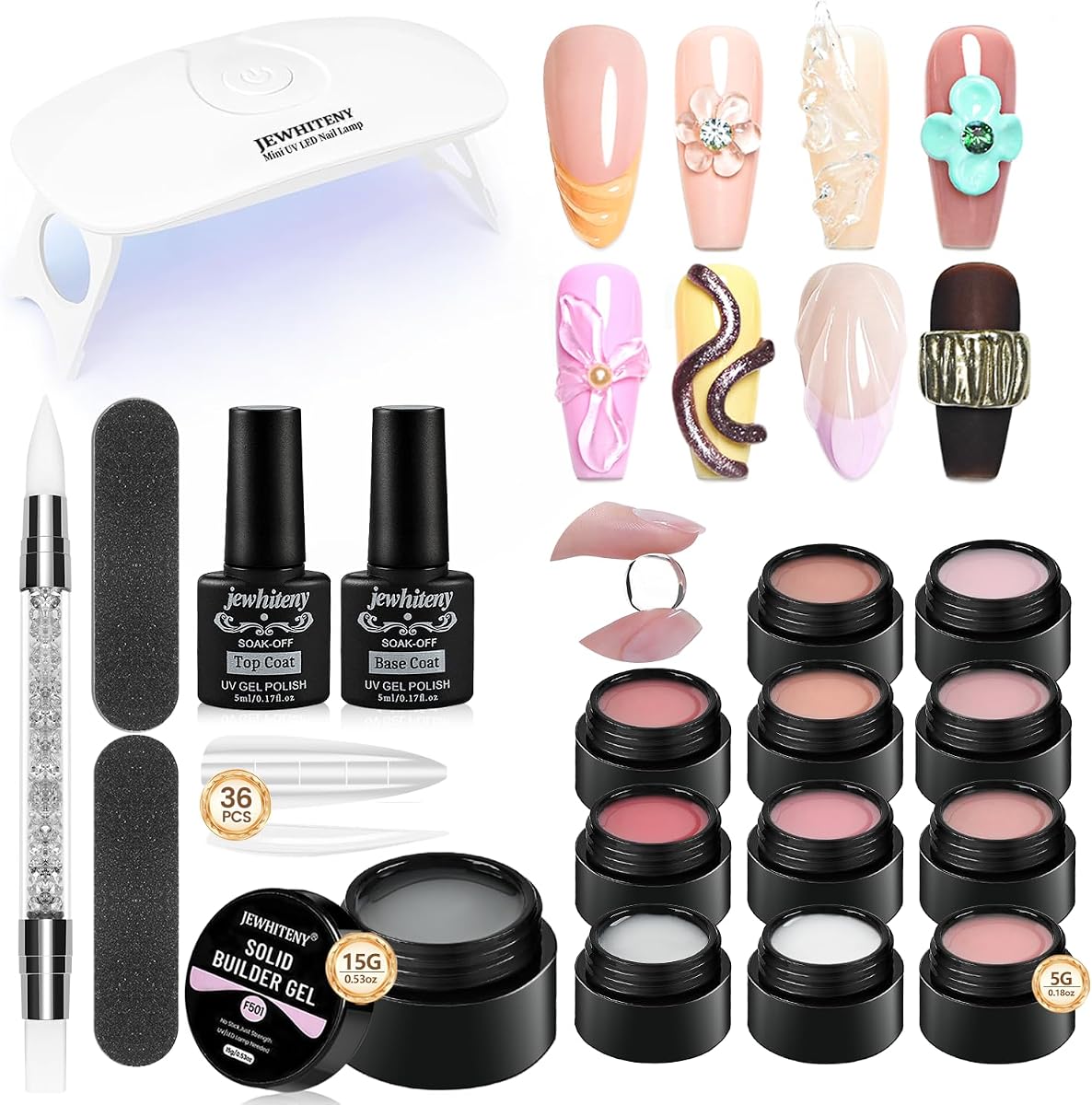 JEWHITENY 12 Colors Non-Sticky Solid Builder Gel Kit:3D Sculpting Gel with Mini U V Nail Lamp for Nail Extension,Modeling, Sculpture