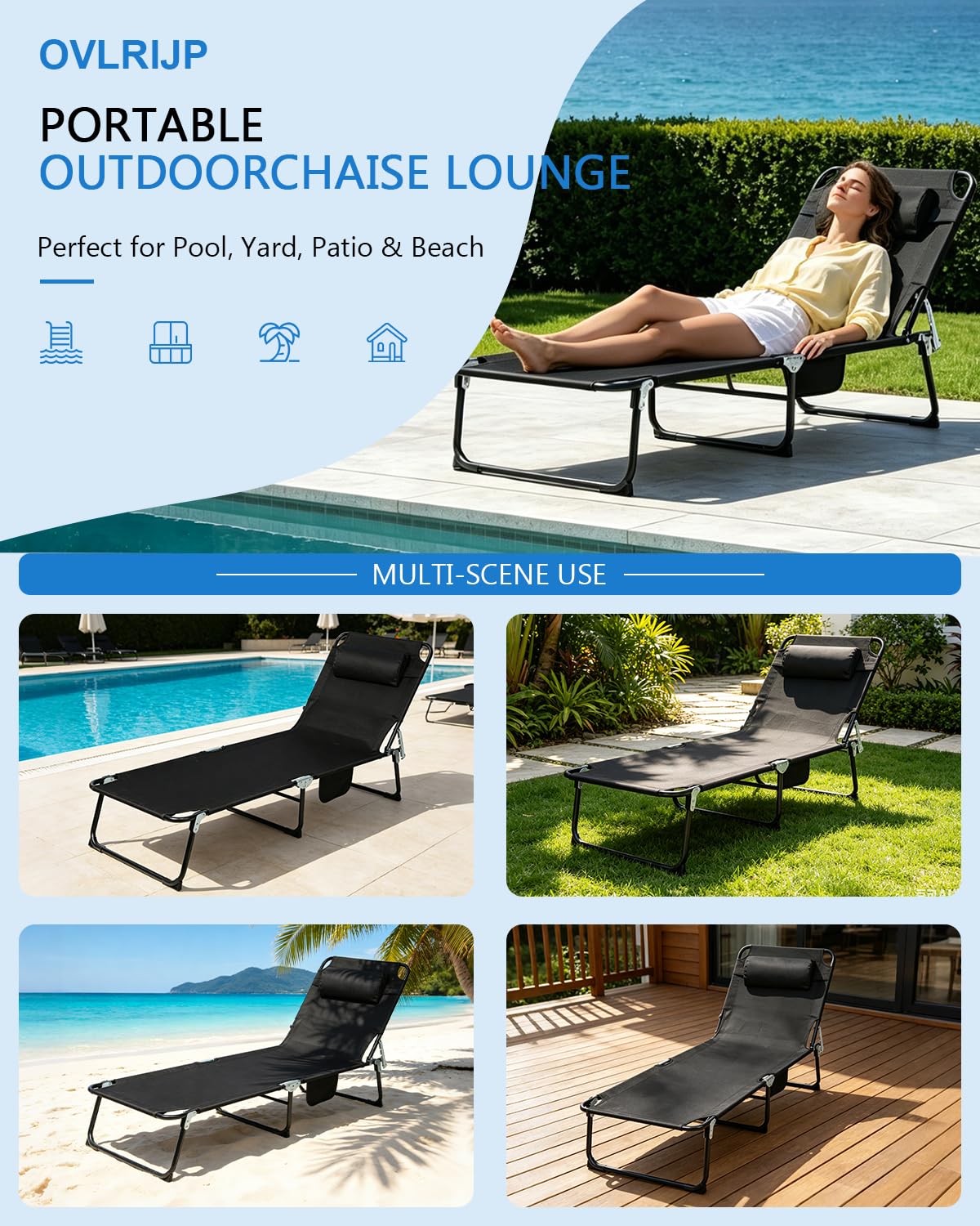 Tumbona plegable ligera, resistente a la intemperie, 150 kg, con respaldo ajustable de 5 posiciones, tumbona de playa plegable, para balcón, jardín, piscina, playa (negro)