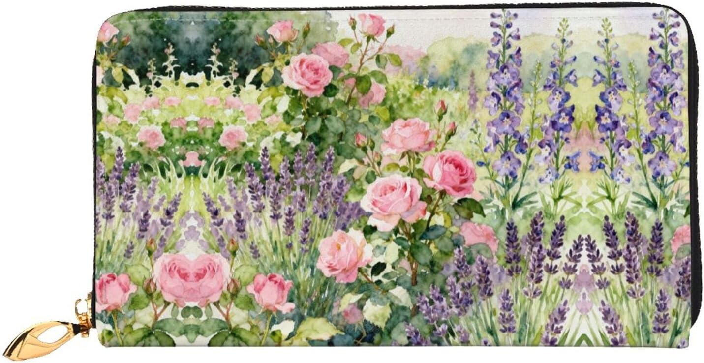 Country Garden Long Zip Around Wallet for Women, Large Capacity RFID Leather Wristlet Wallet with 12 Card Slots Coin Purse, Fashion Clutch Purse with Wrist Strap