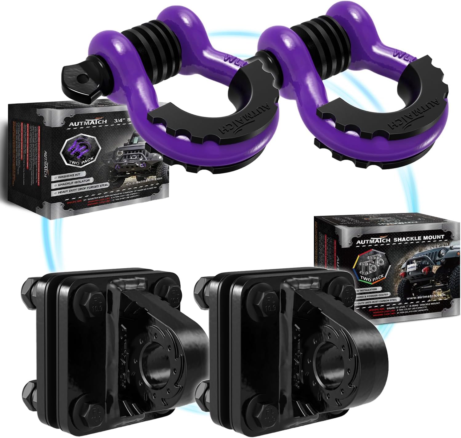 AUTMATCH 3/4" D Ring Shackles with Shackle Mount, Bolt On Clevis Mount Bumper Shackle Bracket, Use with Tow Strap, Winch, Off-Road Vehicle Recovery Truck, Purple
