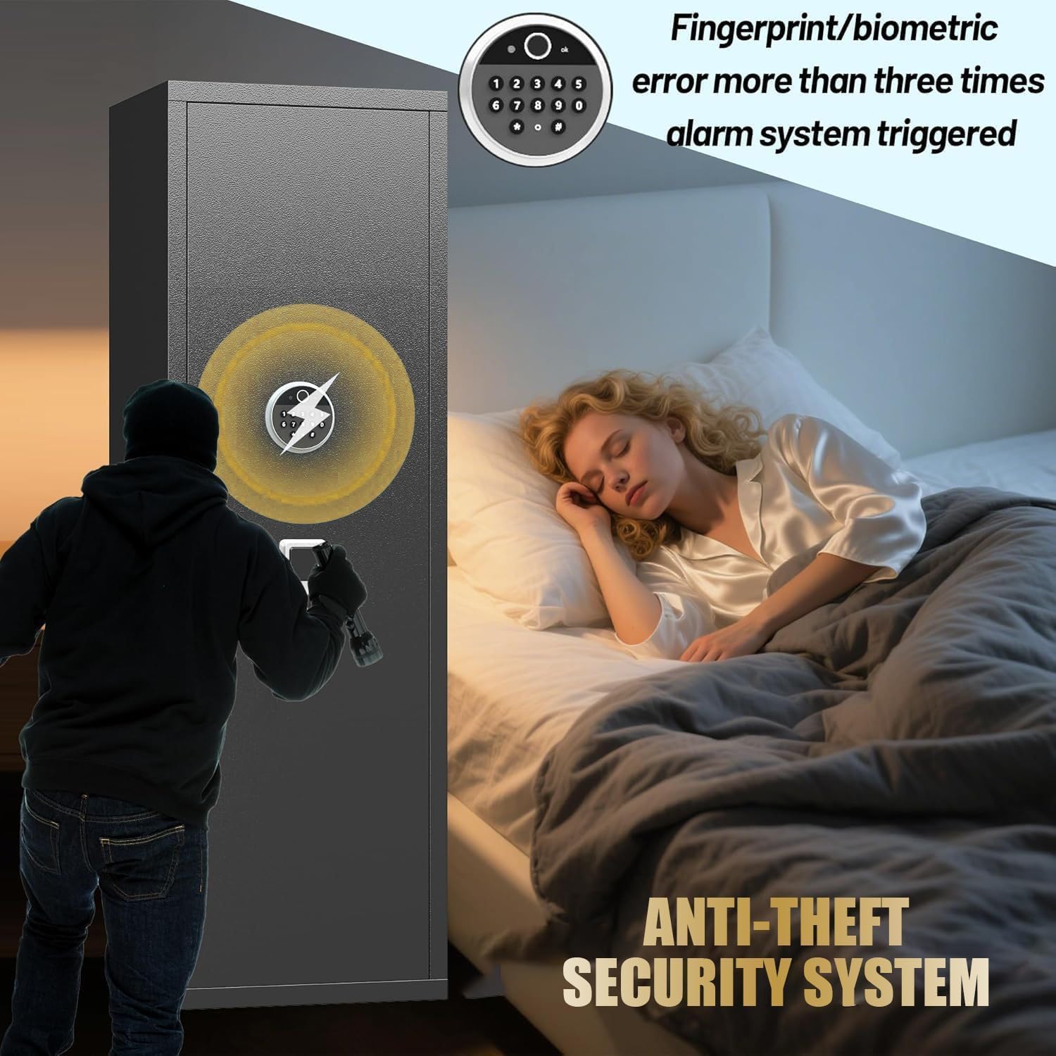 Fingerprint Gun Safe for Rifles and Pistols,14" W x 58" H Adjustable Gun Cabinet for Home,No Assembly Required, 14-15 Gun Safes for Rifle and Password Lock,Black