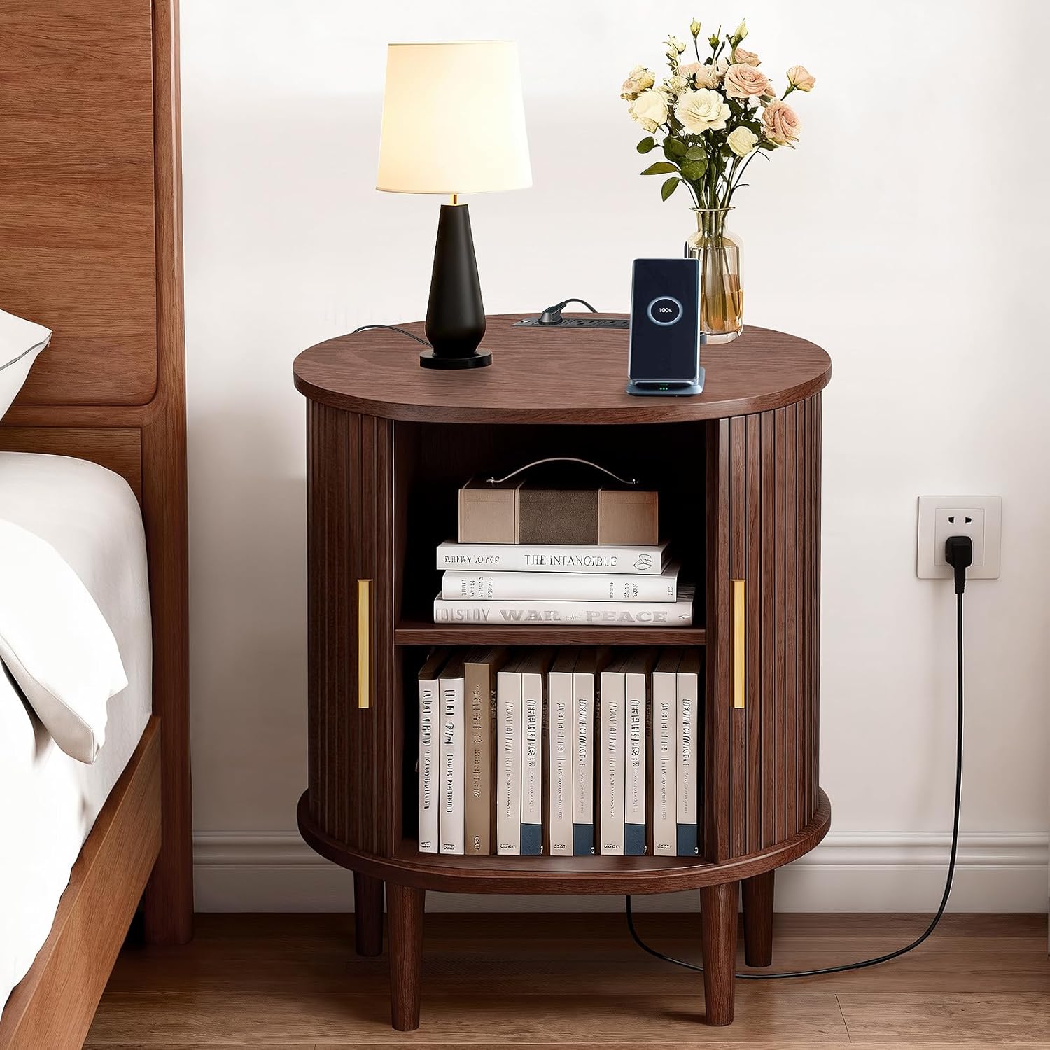 DHH Mid Century Modern Nightstand with Charging Station, Fluted Accent Side Table with Sliding Door & Adjustable Shelf, End Table for Small Space, Living Room, Bedroom,Sofa Couch (1, Walnut)