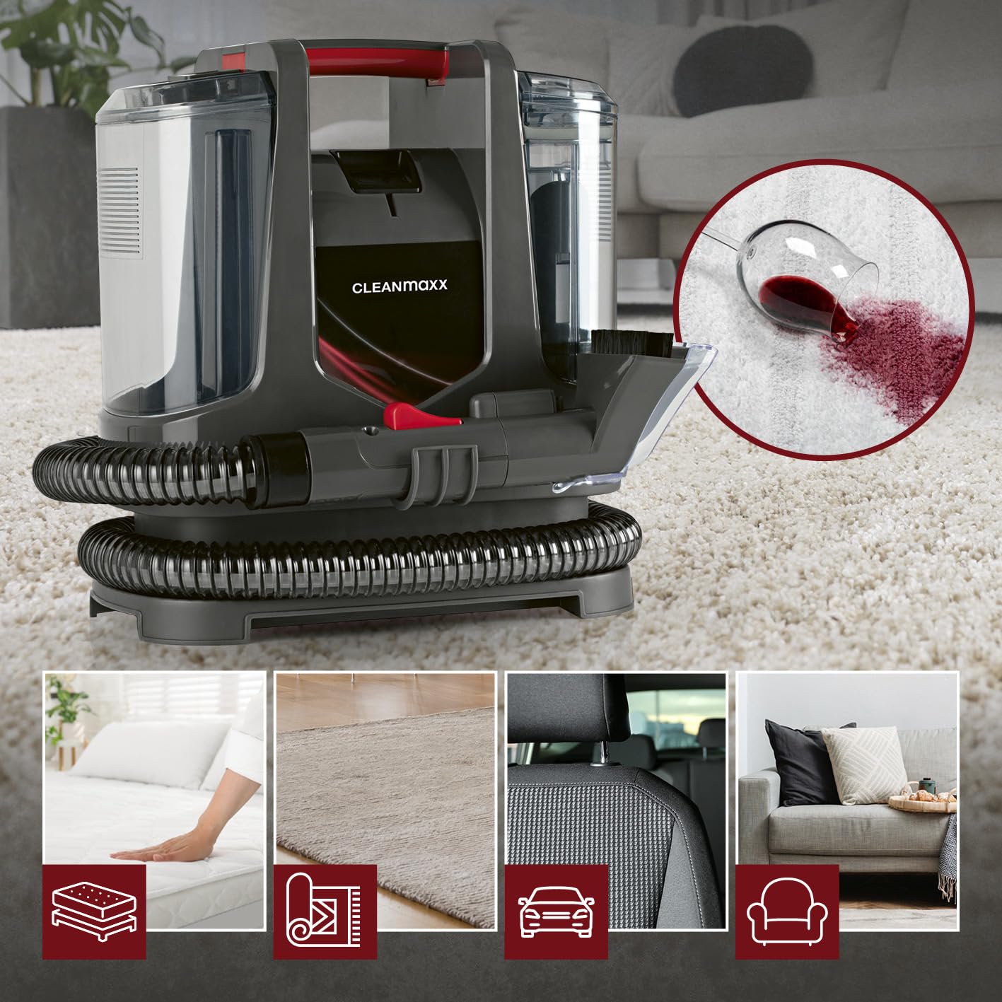CLEANmaxx Nettoyant pour tapis et tissus d'ameublement compact plus | Aspirateur de lavage inclus EASYmaxx Nettoyeur de tapis | Aspirateur humide et nettoyant pour aspirateur de lavage, adapté pour