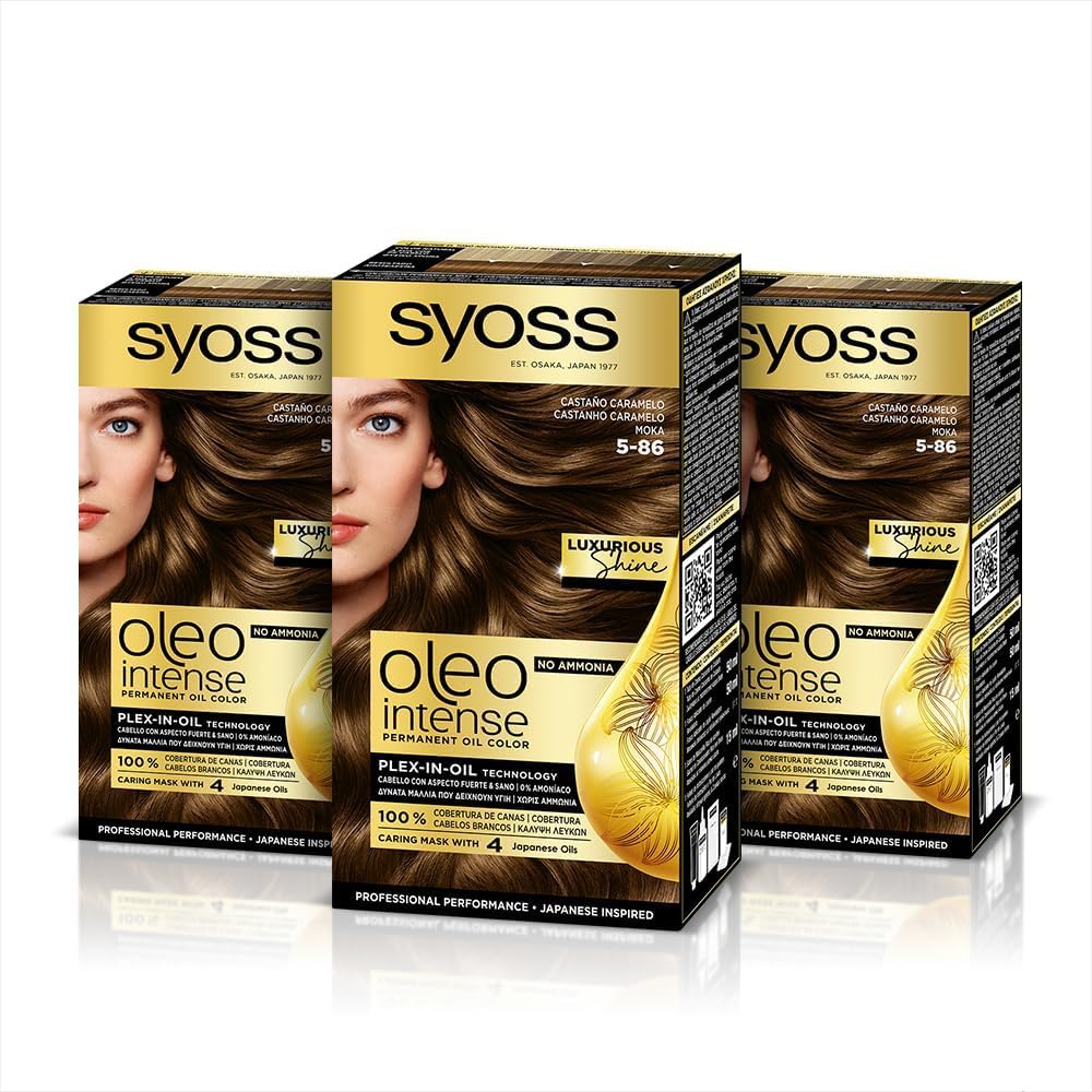Syoss Oleo Intense - Tinte 5-86 Castaño Caramelo – Coloración permanente Sin Amoníaco – Cobertura profesional de canas – Resultados de peluquería (Pack De 3)