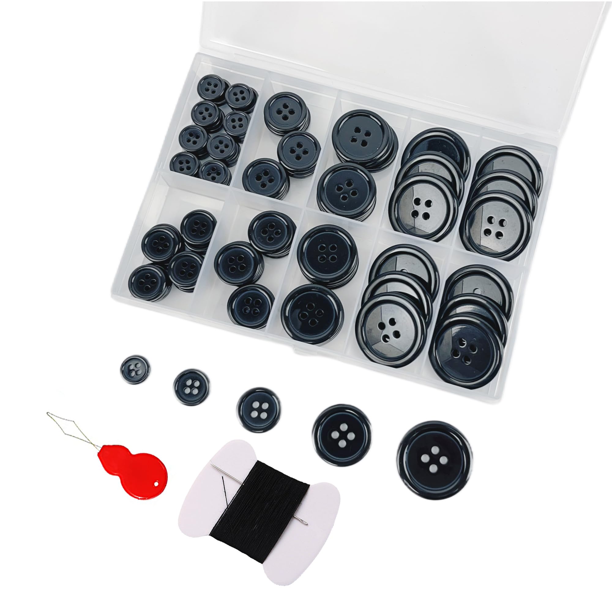 Wennuo 100Pcs Black Sewing Buttons Kit, Including Needle, Sewing Thread, and Threader,5 Sizes 4-Hole Craft Buttons, Suitable for Sewing,Clothes,Suit Coat Shirt Buttons,DIY Decoration (Black)