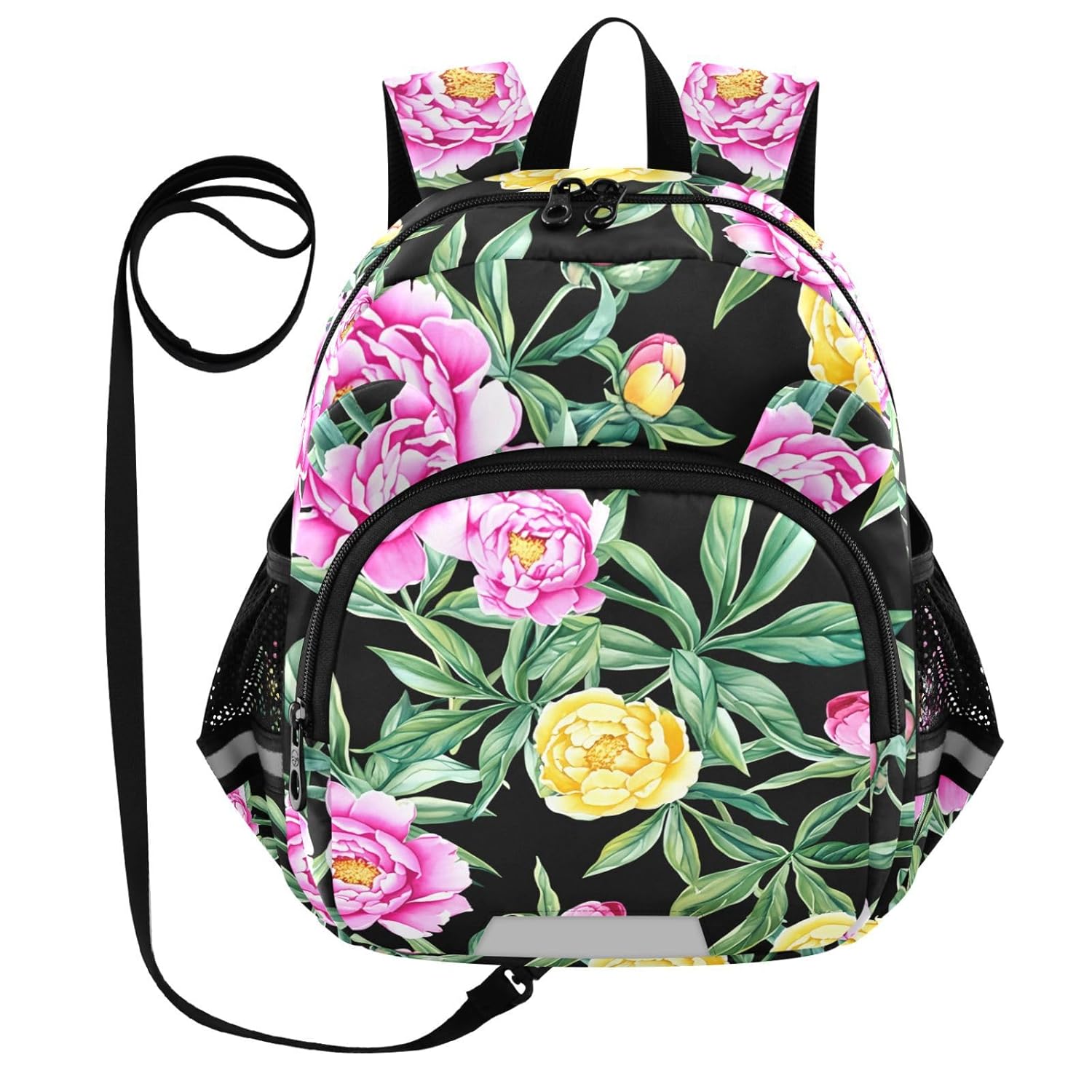 Peonies Leaves Floral Black Toddler Harness Backpack for Boys Girls 3-6 Years Kids Backpack with Anti Lost Safety Leash Child Leash Backpack for Walking Travel Preschool