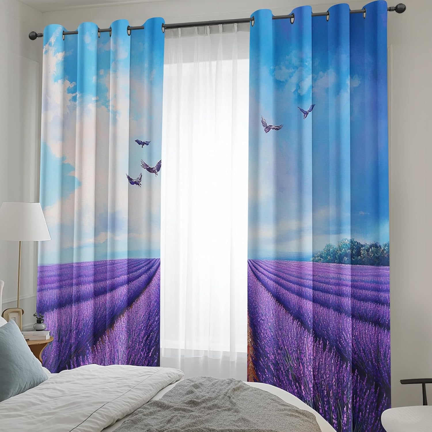 Purple Lavender Blackout Curtains 54 inch Length 2 Panels Set, Room Darkening Curtains & Drapes, Rural Flower Fields Curtain for Living Room Bedroom, Grommet Window Curtain (W52 x L54 Inch)