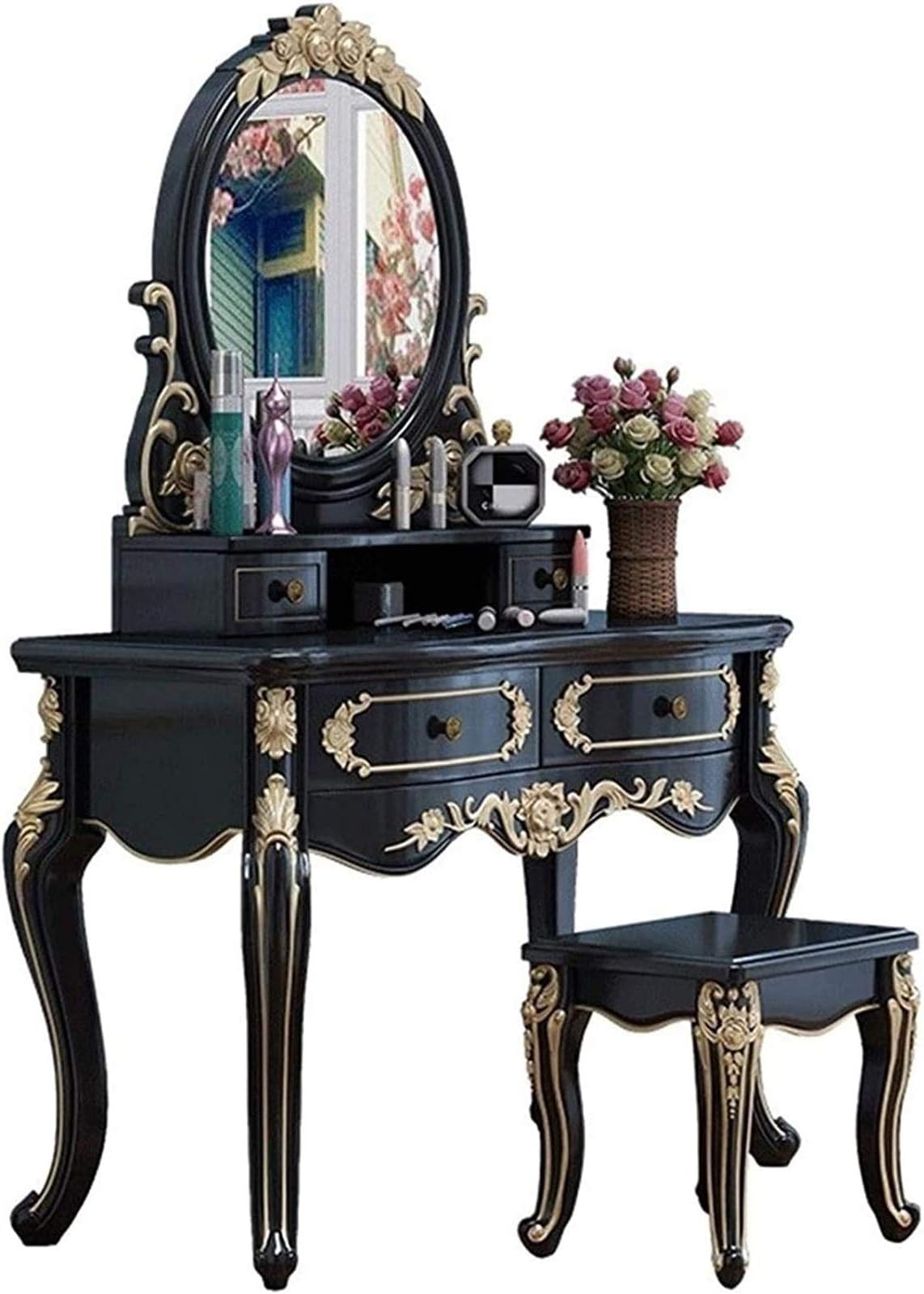 Vanities Vanity Benches Personal Makeup Mirrors European-Style Solid Wood Dressing Table Dressing Stool Solid Wood Carved Small Apartment Storage Storage French for Bedroom