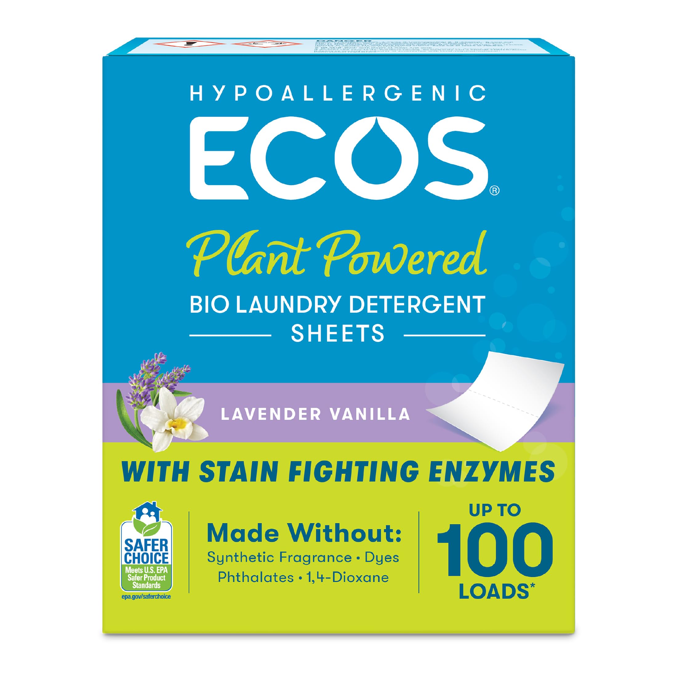 ECOS Hypoallergenic Laundry Detergent Sheets - Fragrance-Free for Sensitive Skin, Plant Powered, Compact Plastic Free Packaging, Results at All Temperatures, Lavender & Vanilla, 50 Count