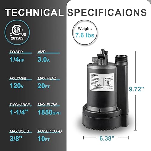 Miniatura 2 de WASSERMANN Bomba de agua sumergible termoplástica de 14 HP de 1850 GPH, bomba de sumidero portátil eléctrica para drenar piscina, jacuzzis, jardín,
